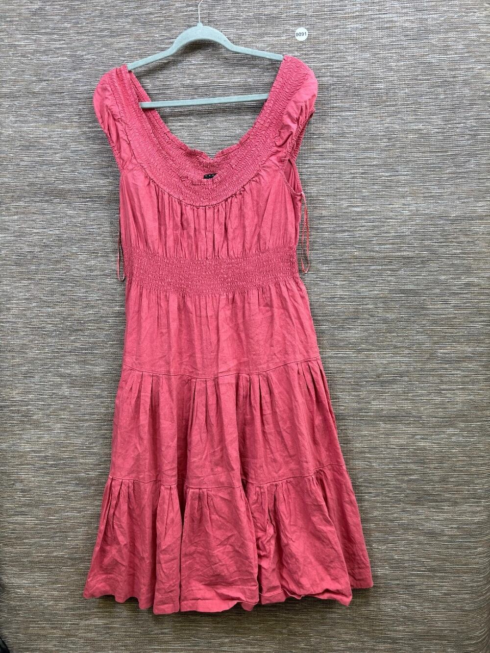 Theory Linen Blend Haldena Crunch Midi Dress Size 8 Coral Pink Preppy Peasant